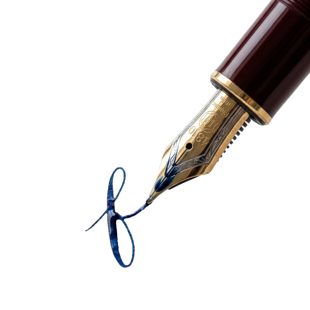 A gold-tipped fountain pen writing a blue ink loop on dark background