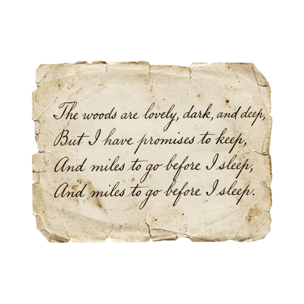 Aged paper with handwritten poem about woods and promises to keep before sleep