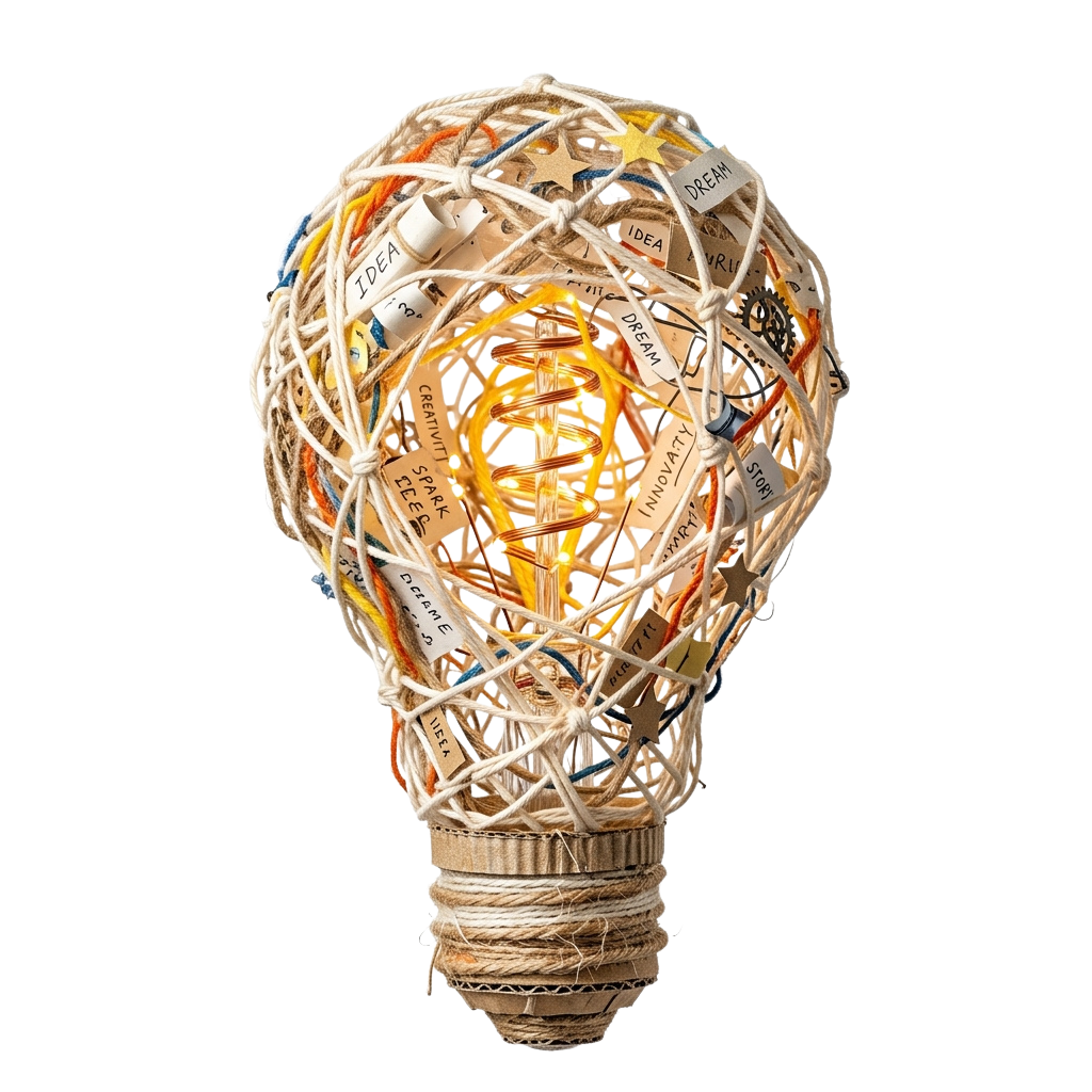 Lightbulb sculpture crafted from rolled paper strips with words like idea and dream visible inside