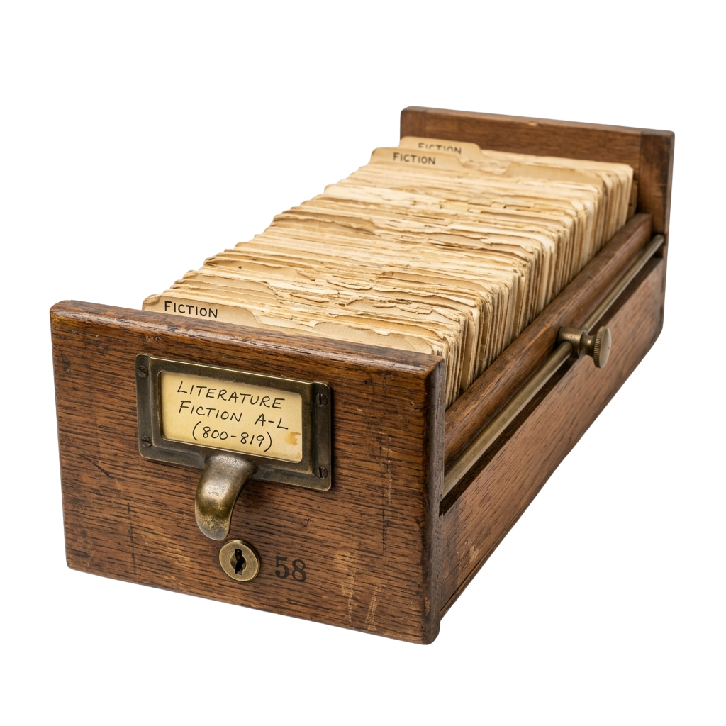 A wooden drawer labeled Literature Fiction A-L containing aged index cards