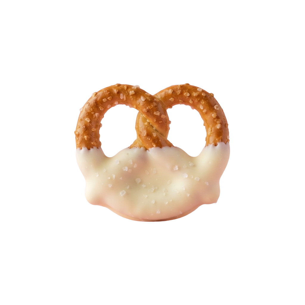 Two pretzel pieces connected with a white chocolate drizzle and sprinkles