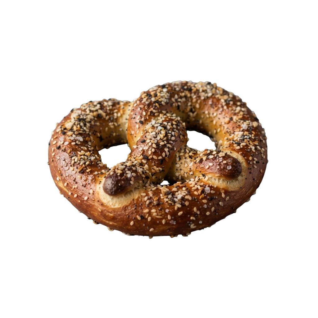 Golden brown pretzel twist with sesame seeds on a black background