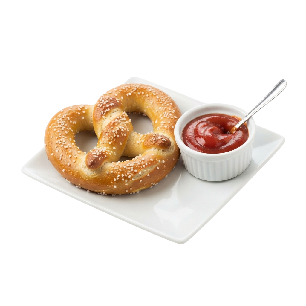 Two pretzel bites on a plate with a small bowl of ketchup and a spoon