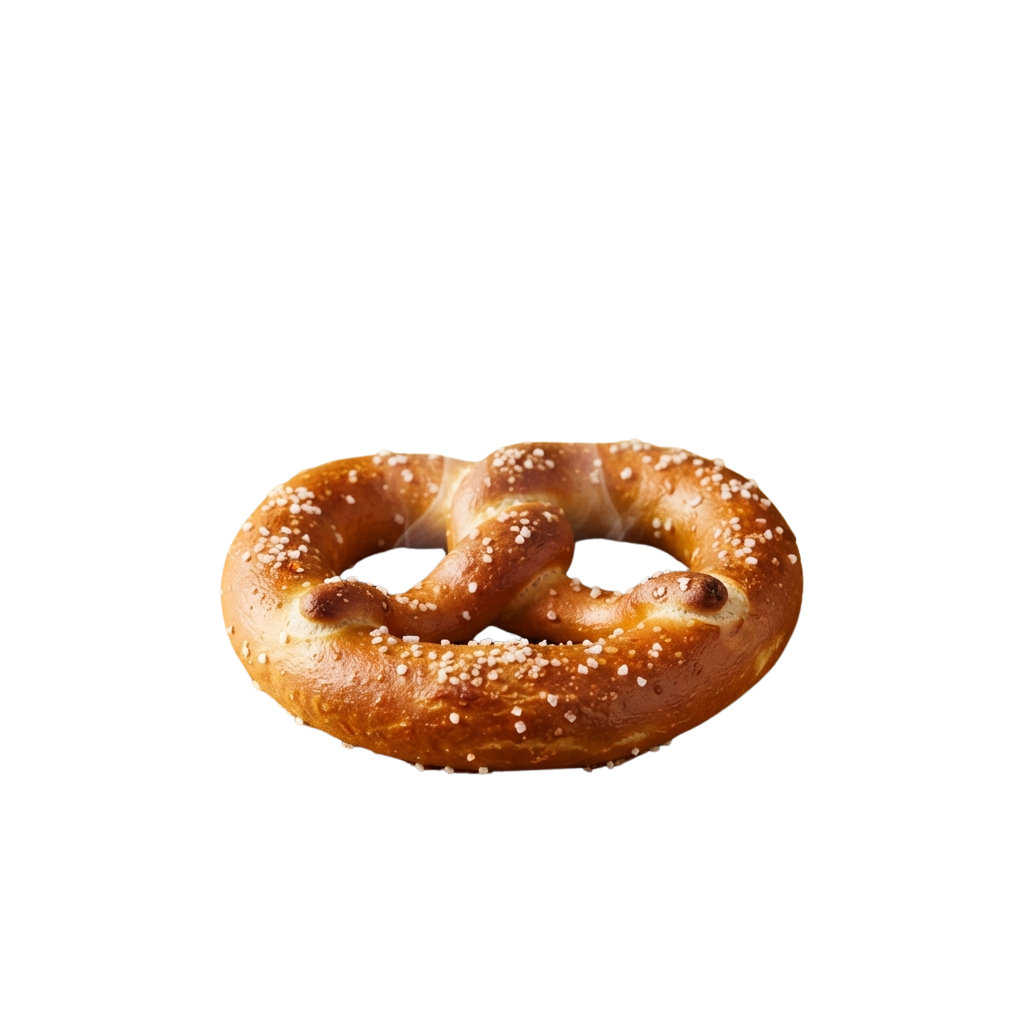 A single golden-brown pretzel with a crisscross knot and coarse salt sprinkled on top