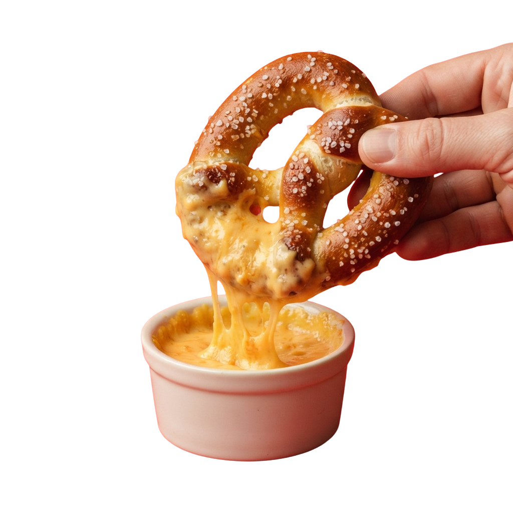 Hand dipping a pretzel knot into a small cup of melted cheese sauce