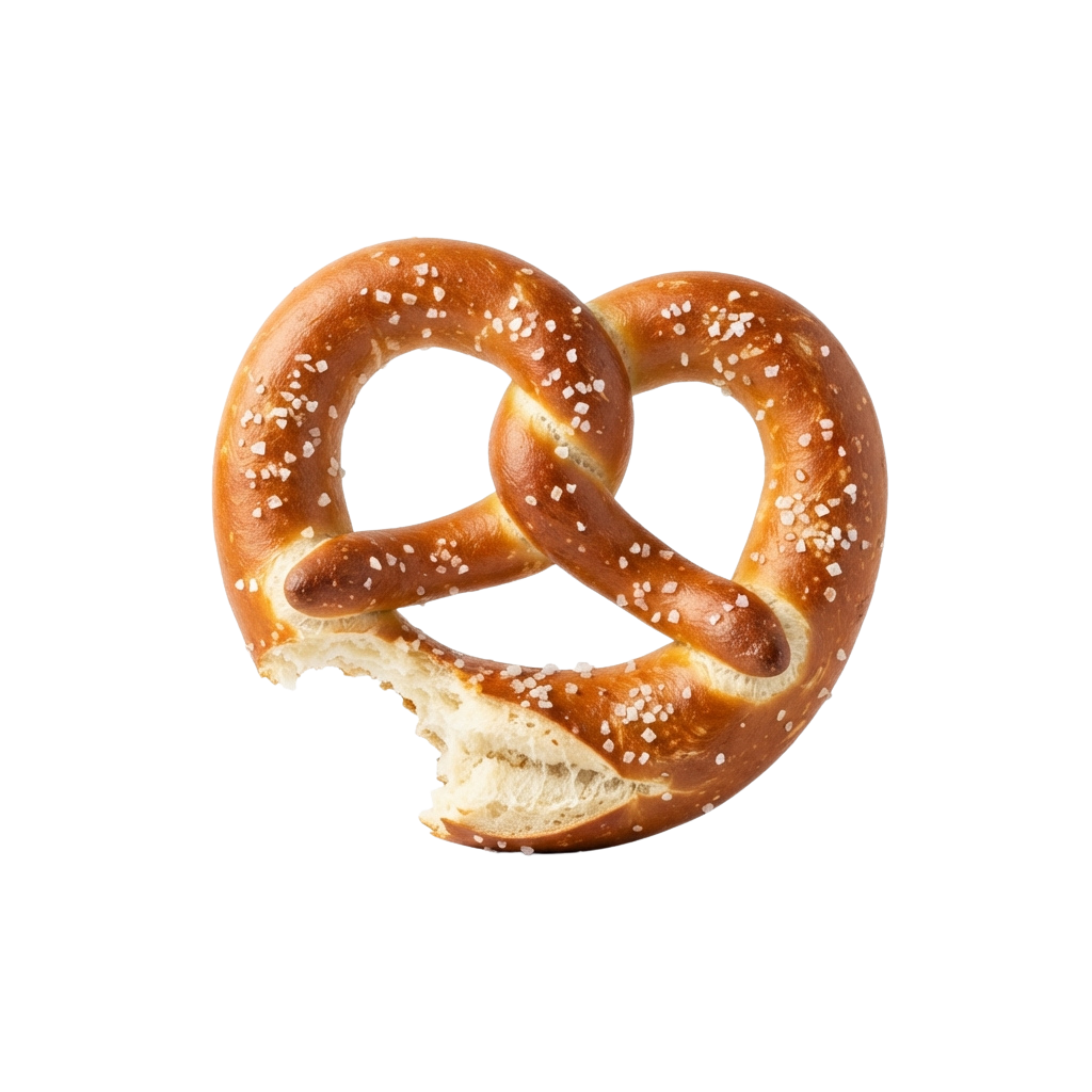A golden-brown pretzel with coarse salt sprinkled on top, partially broken to show inside texture