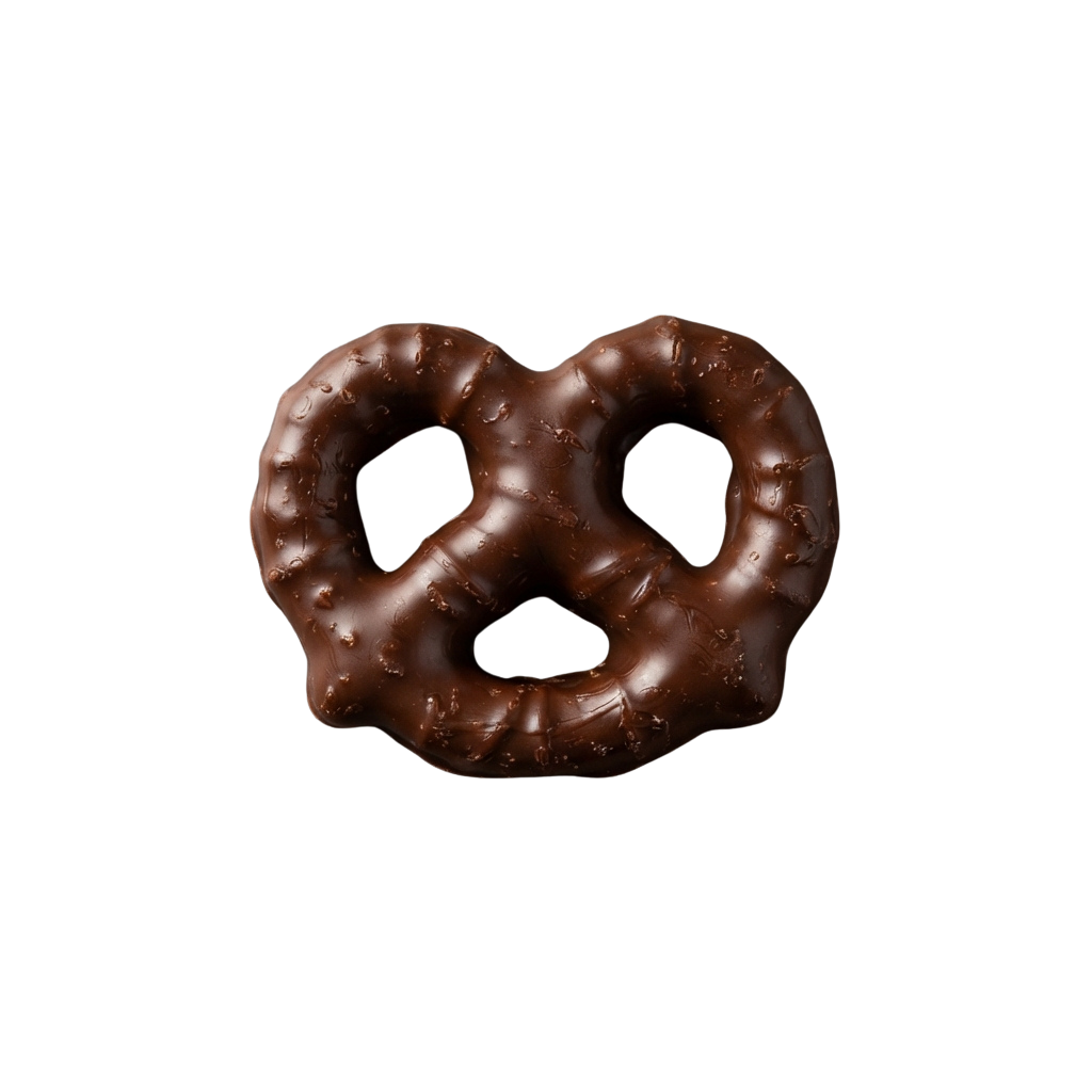 A single dark chocolate-covered pretzel twist against a black background