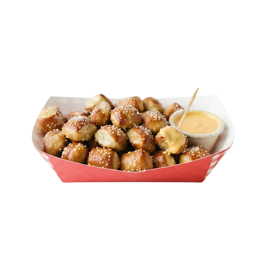 A paper tray filled with golden brown pretzel bites topped with sesame seeds and cheese sauce on the side