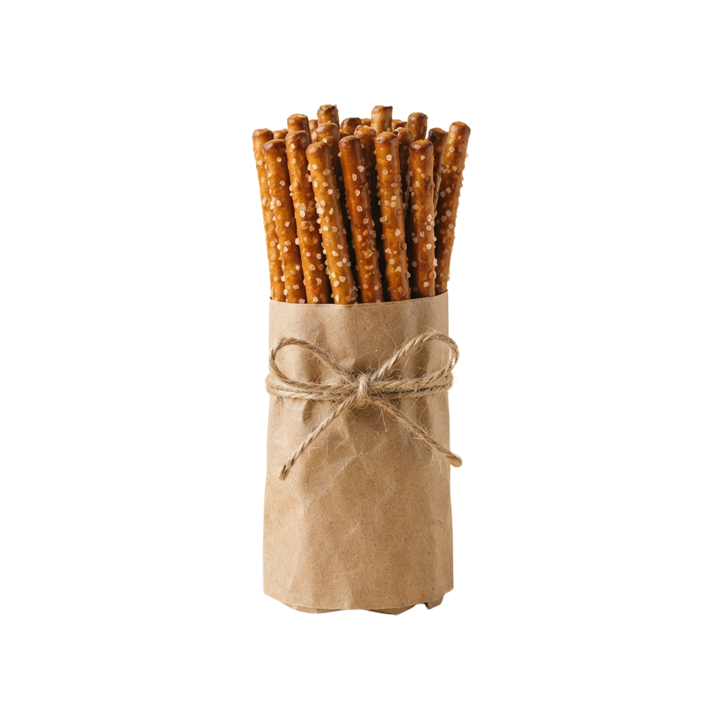 A bundle of salted pretzel sticks tied with twine in brown kraft paper against a dark background