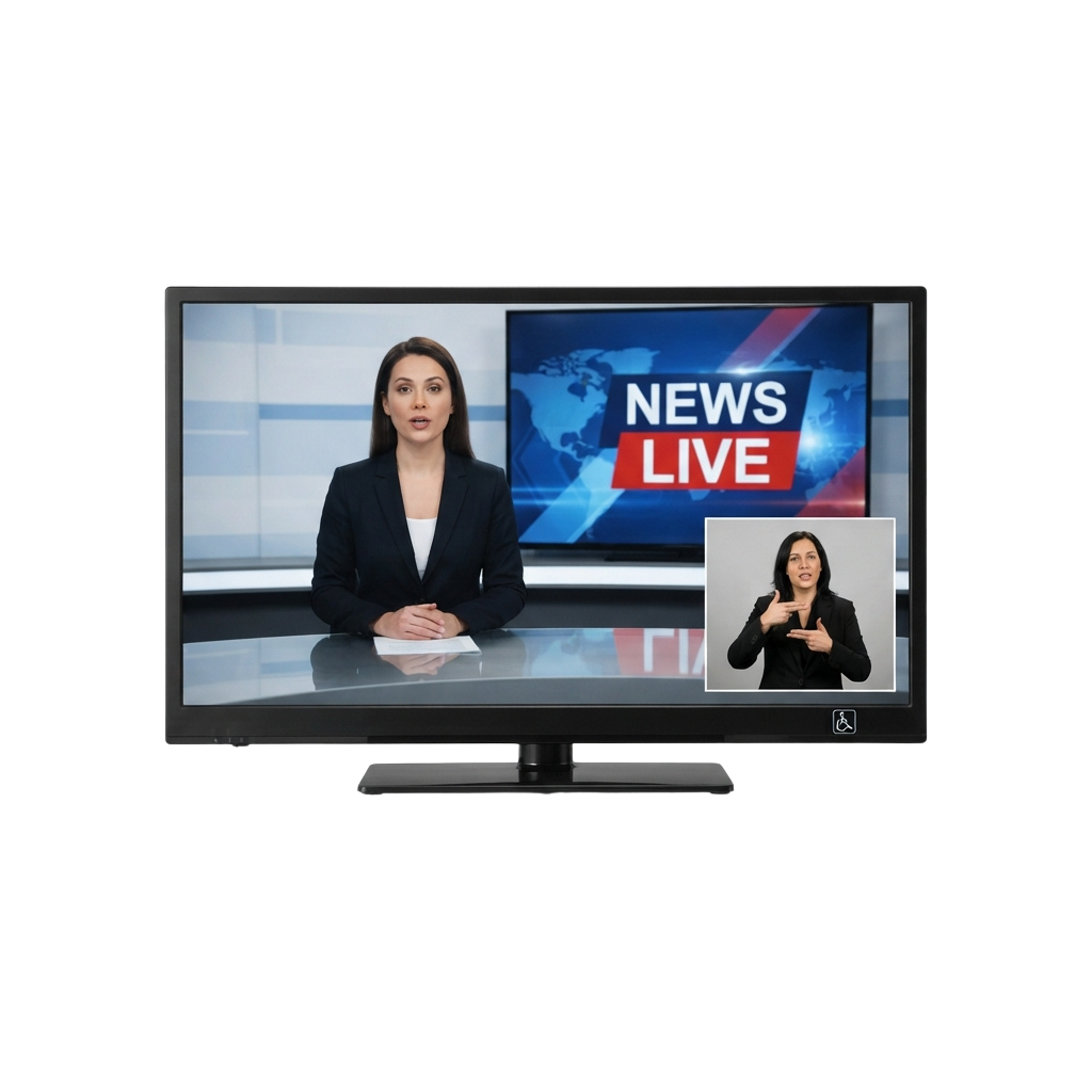 A news anchor presenting live on a television set with a smaller inset video of a sign language interpreter