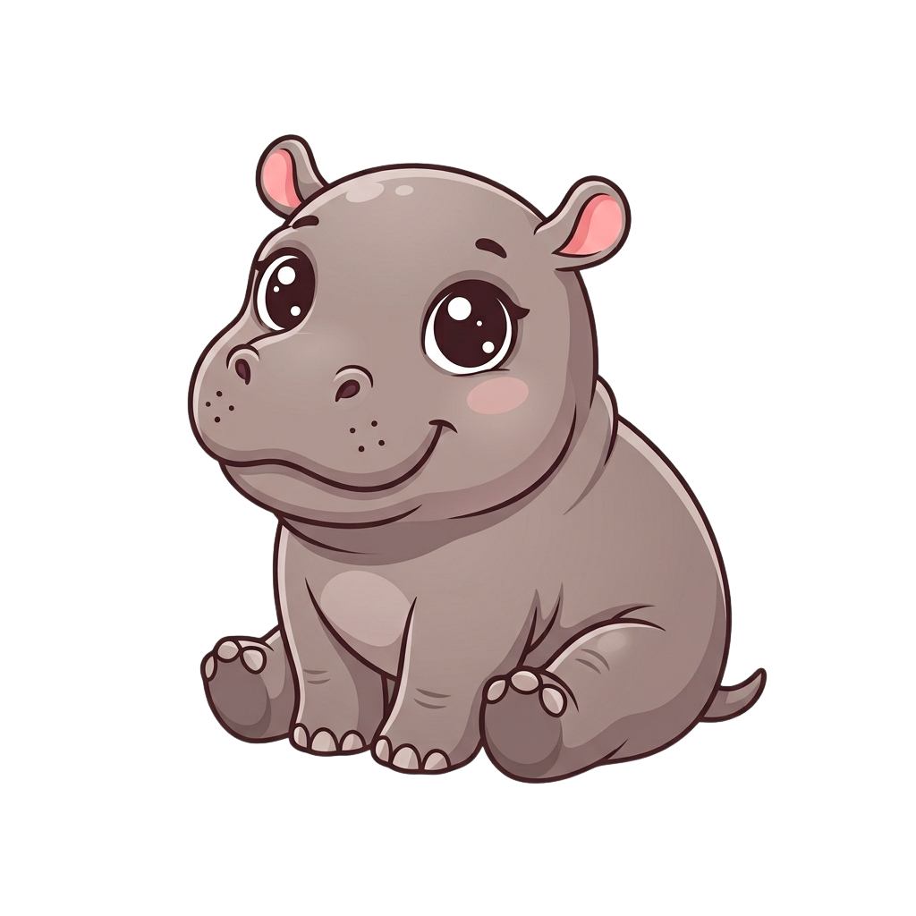 A smiling cartoon baby hippopotamus sitting on a black background