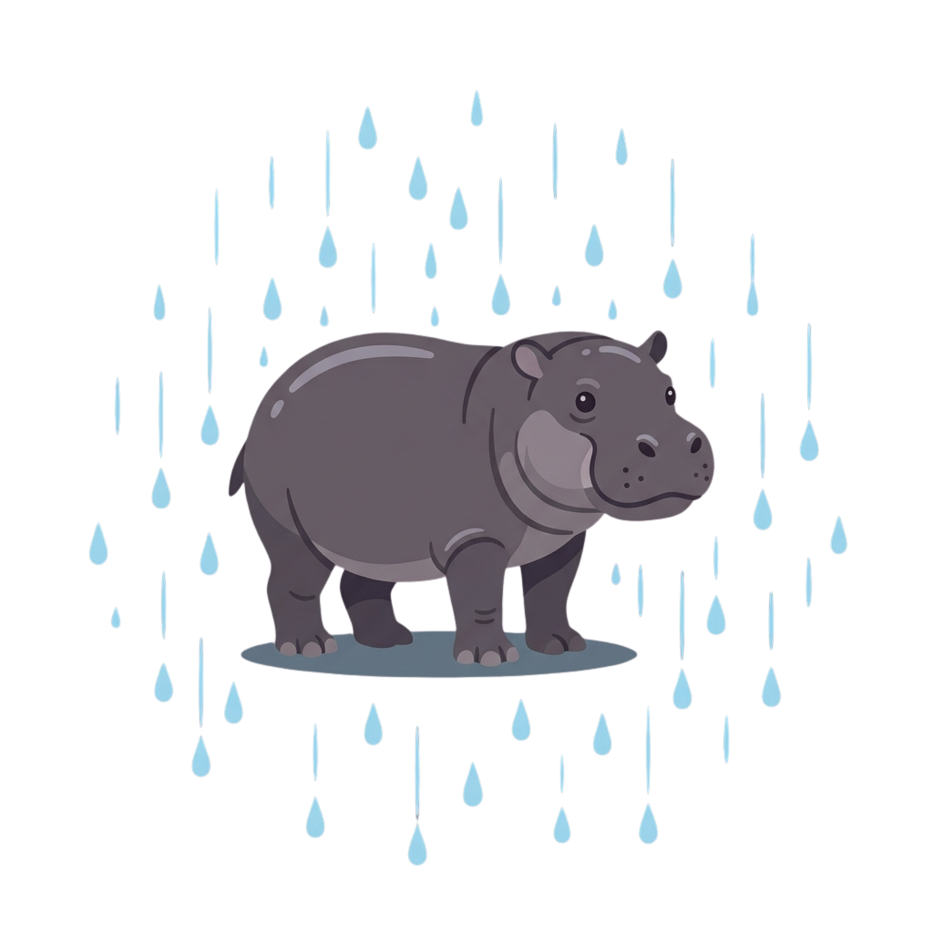 A cartoon hippopotamus standing on a small patch of ground during heavy rain