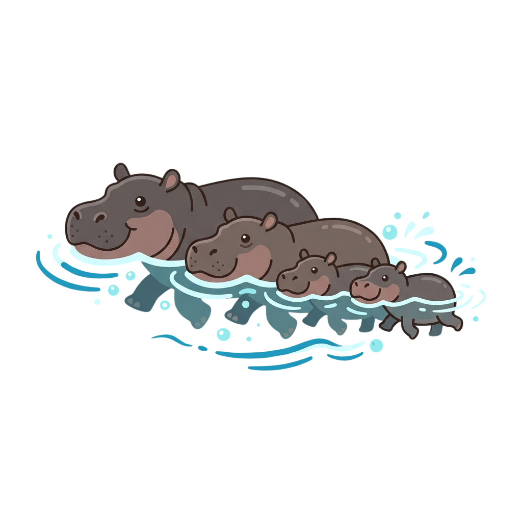 Four cartoon hippos swimming in water with splashes around them