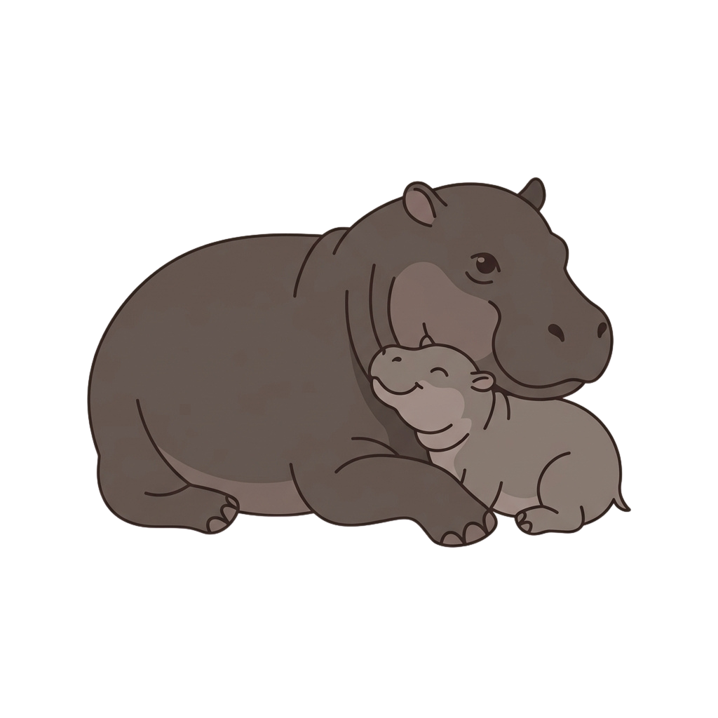 Illustration of a mother hippopotamus resting with her baby
