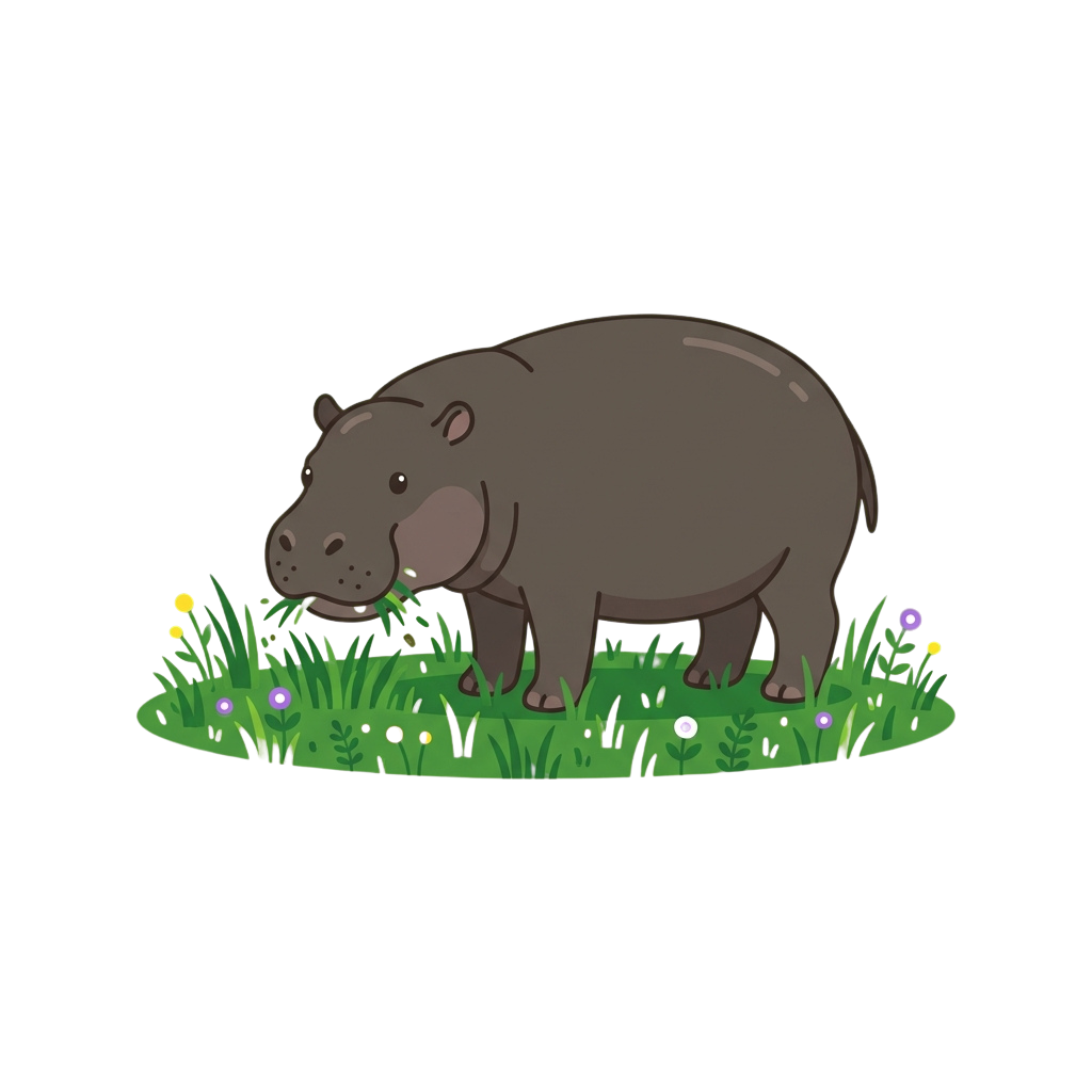 A cartoon hippopotamus grazing on green grass with small flowers around it