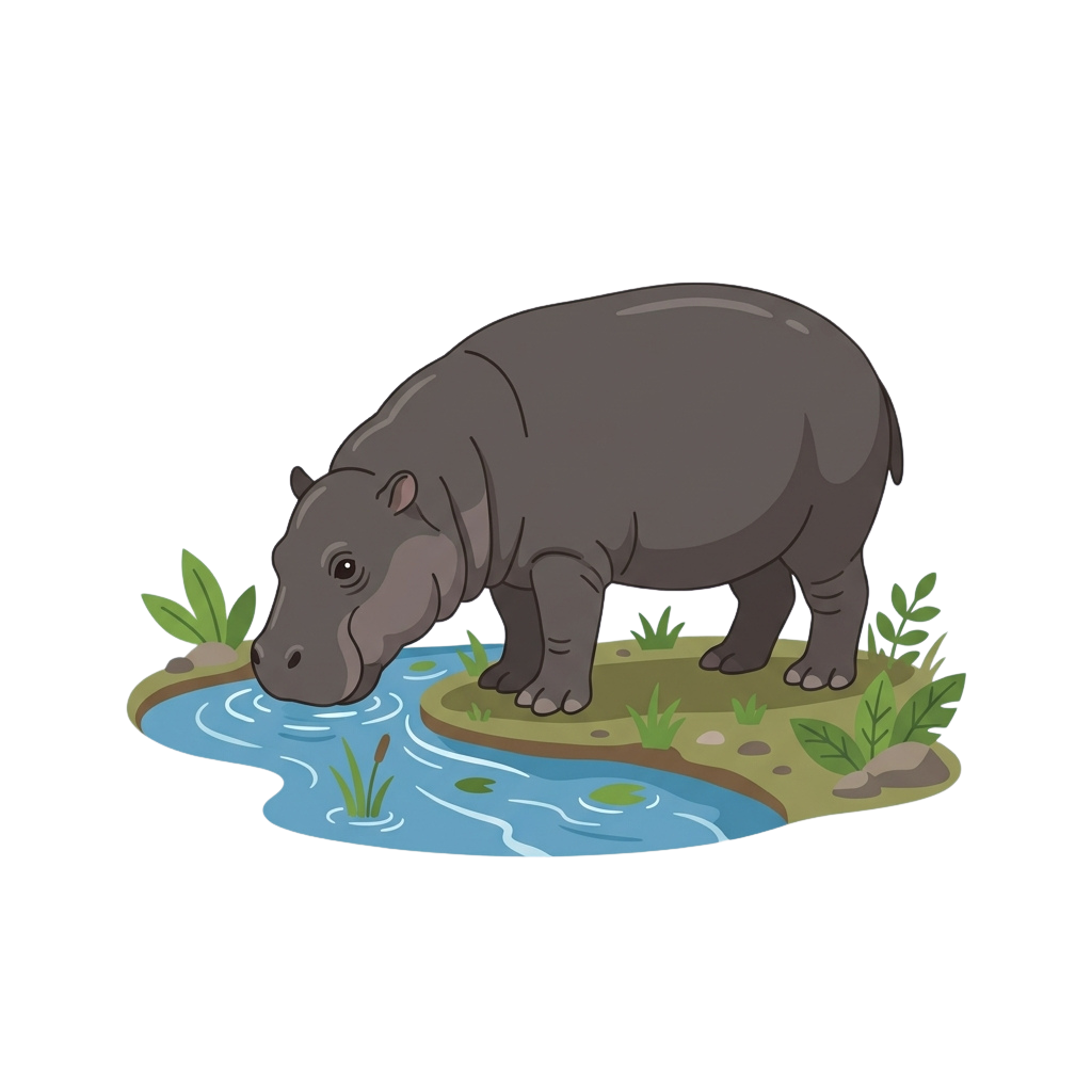 A cartoon hippopotamus drinking water from a small pond surrounded by green plants