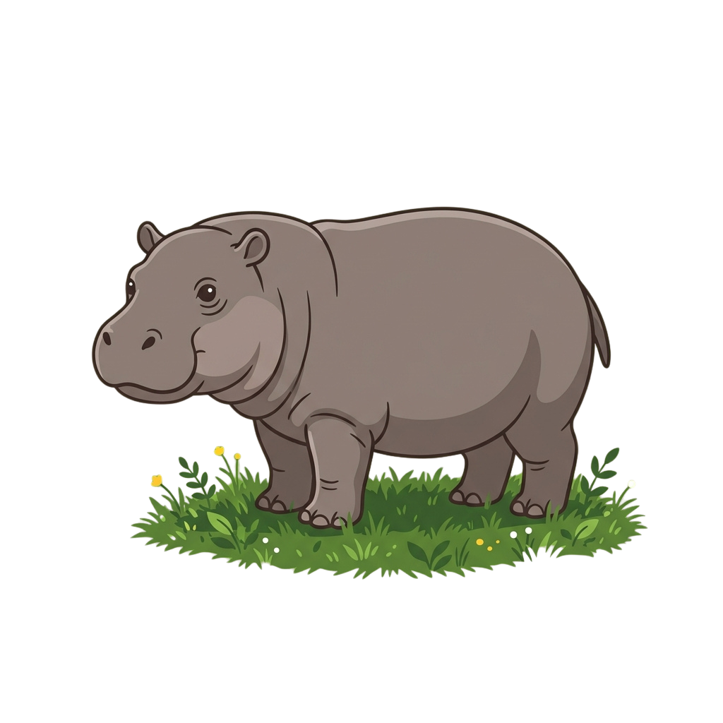 A friendly cartoon hippopotamus standing on green grass with small flowers
