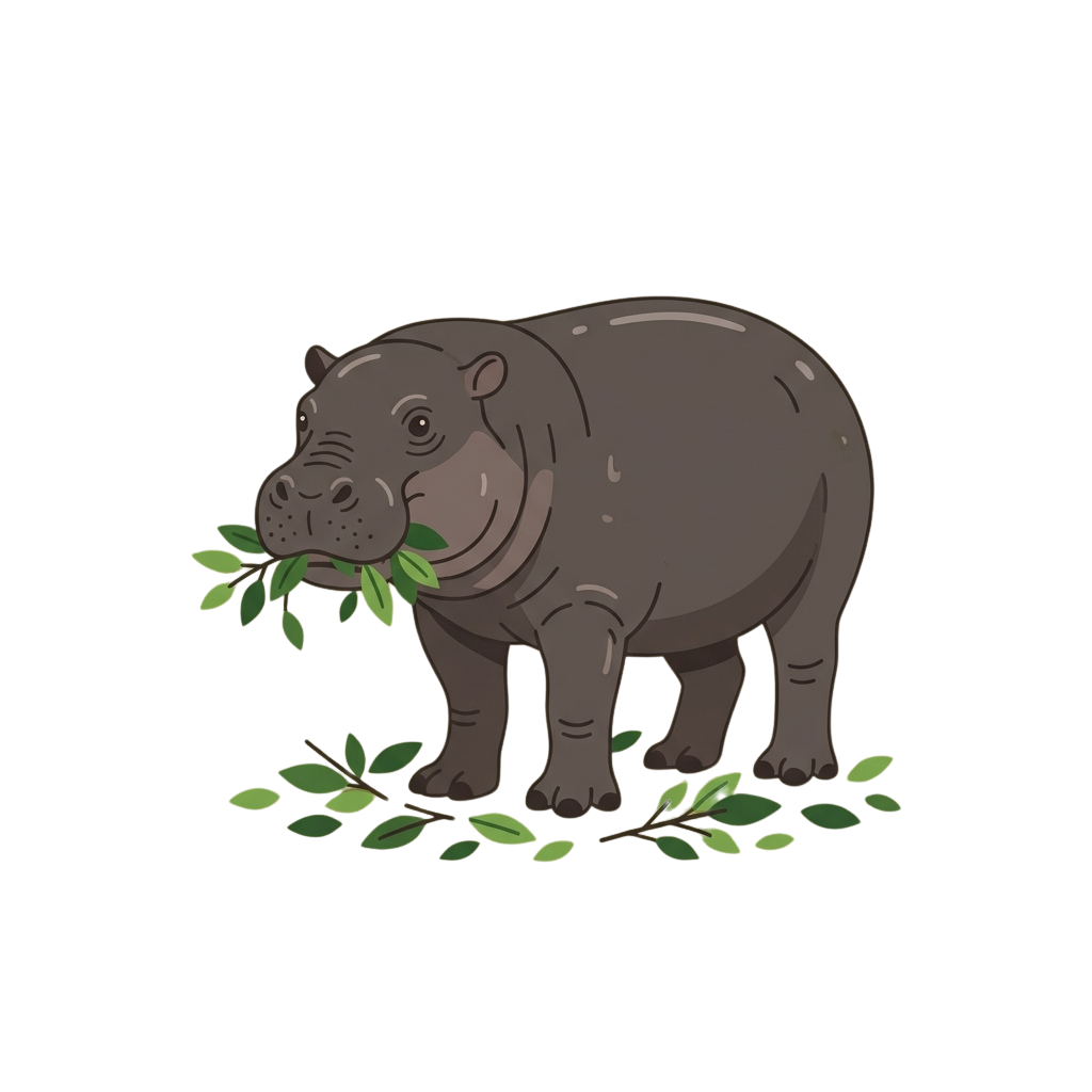 A cartoon hippo eating green leaves in a natural setting