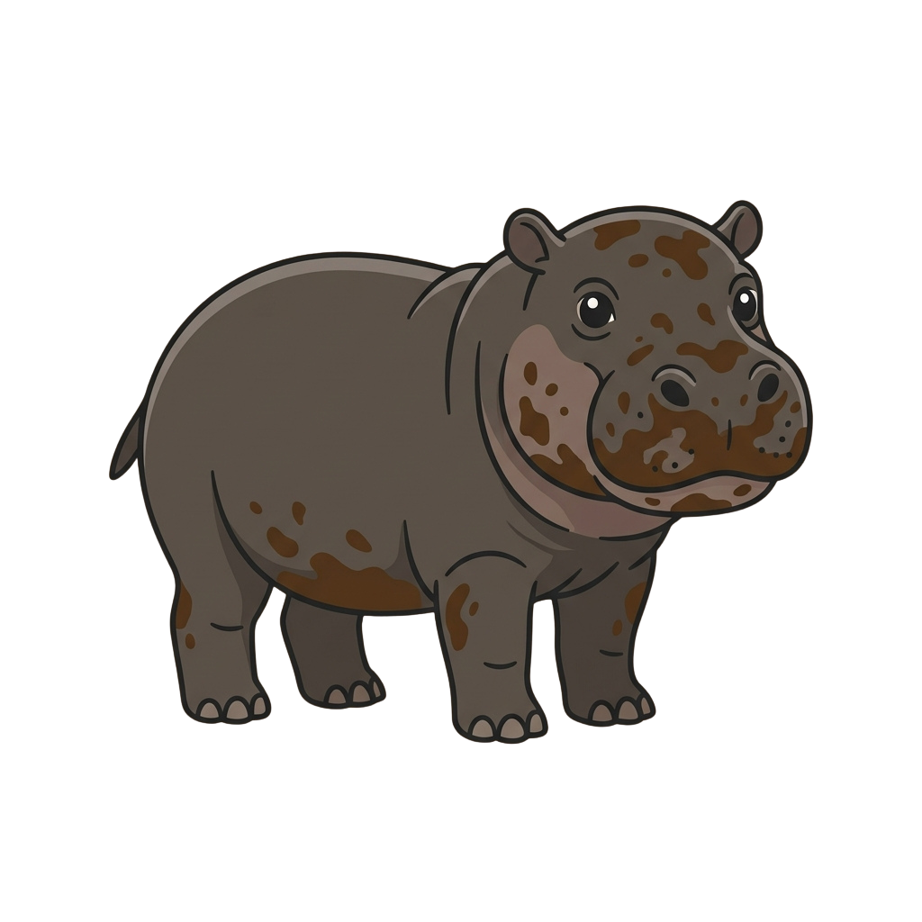 A stylized cartoon illustration of a brown hippo with mud splatters standing on four legs