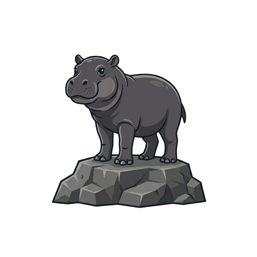 A stylized cartoon hippo standing on a jagged rock surface