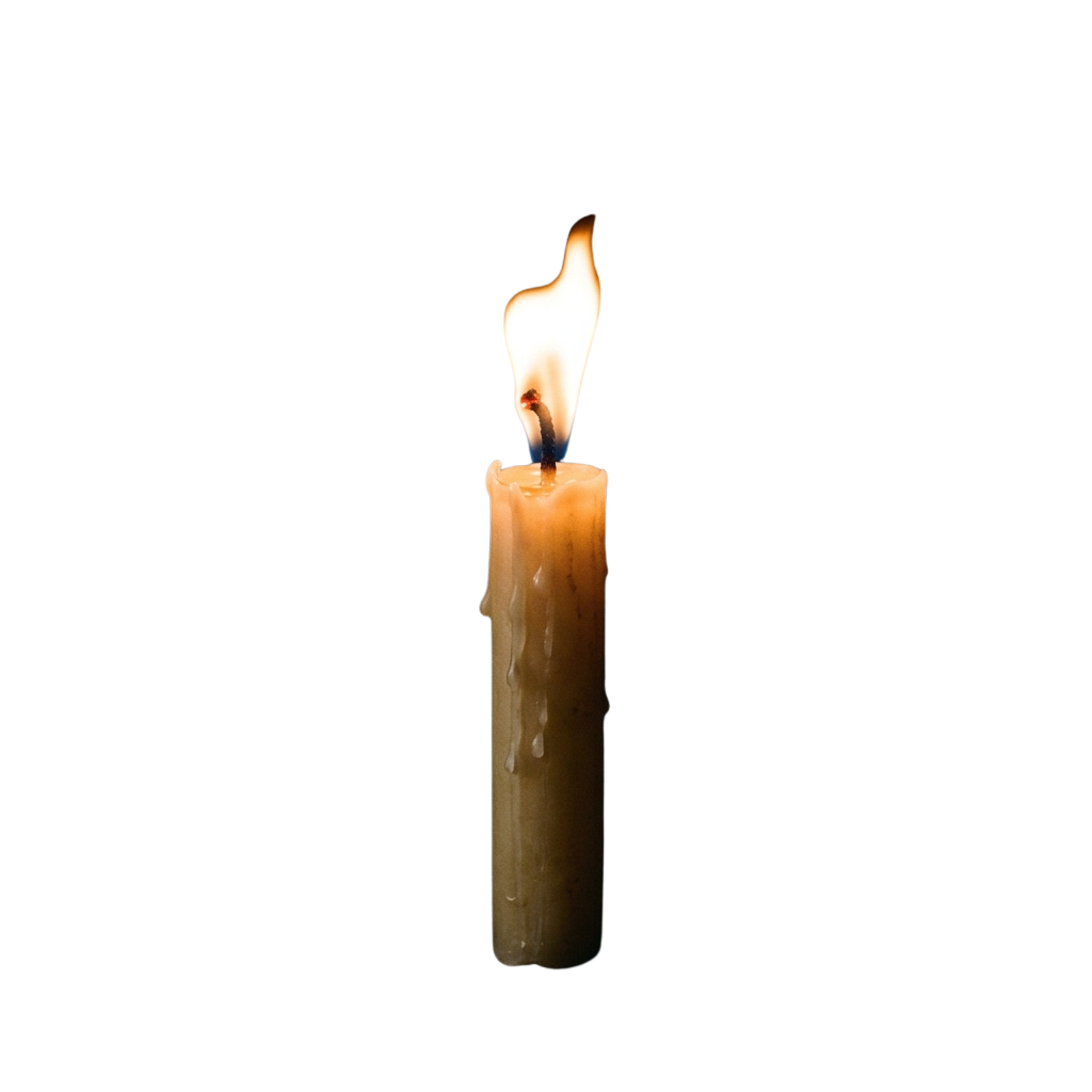 A single candle with a lit flame against a dark background