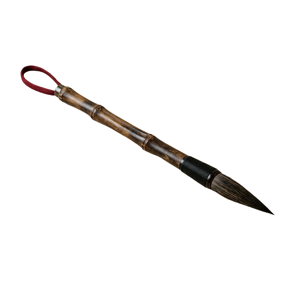 A bamboo calligraphy brush with a red cord loop at the top, displayed against a black background