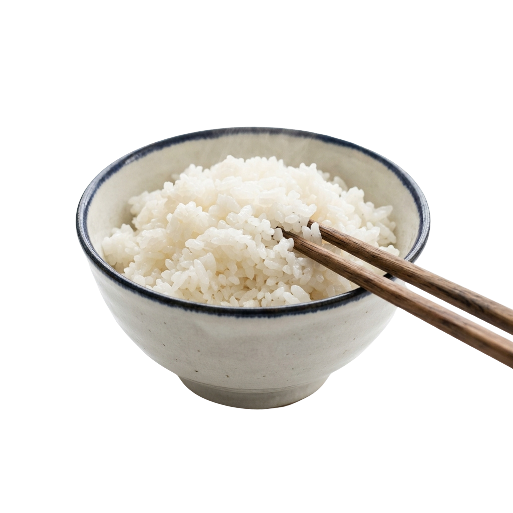 A white bowl filled with fluffy steamed white rice and a pair of chopsticks resting on the rim