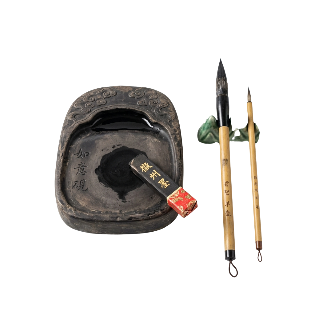 An antique inkstone with a carved lid, an ink stick, and two traditional calligraphy brushes.