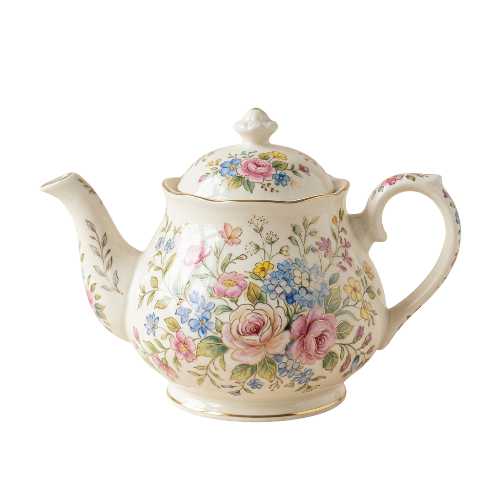 A white ceramic teapot adorned with colorful floral and rose patterns, featuring a lid finial and two sturdy handles