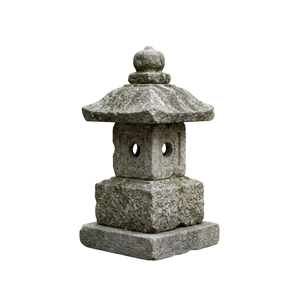 A stone lantern with a pagoda-style roof and two circular openings on the sides, placed on a square base.