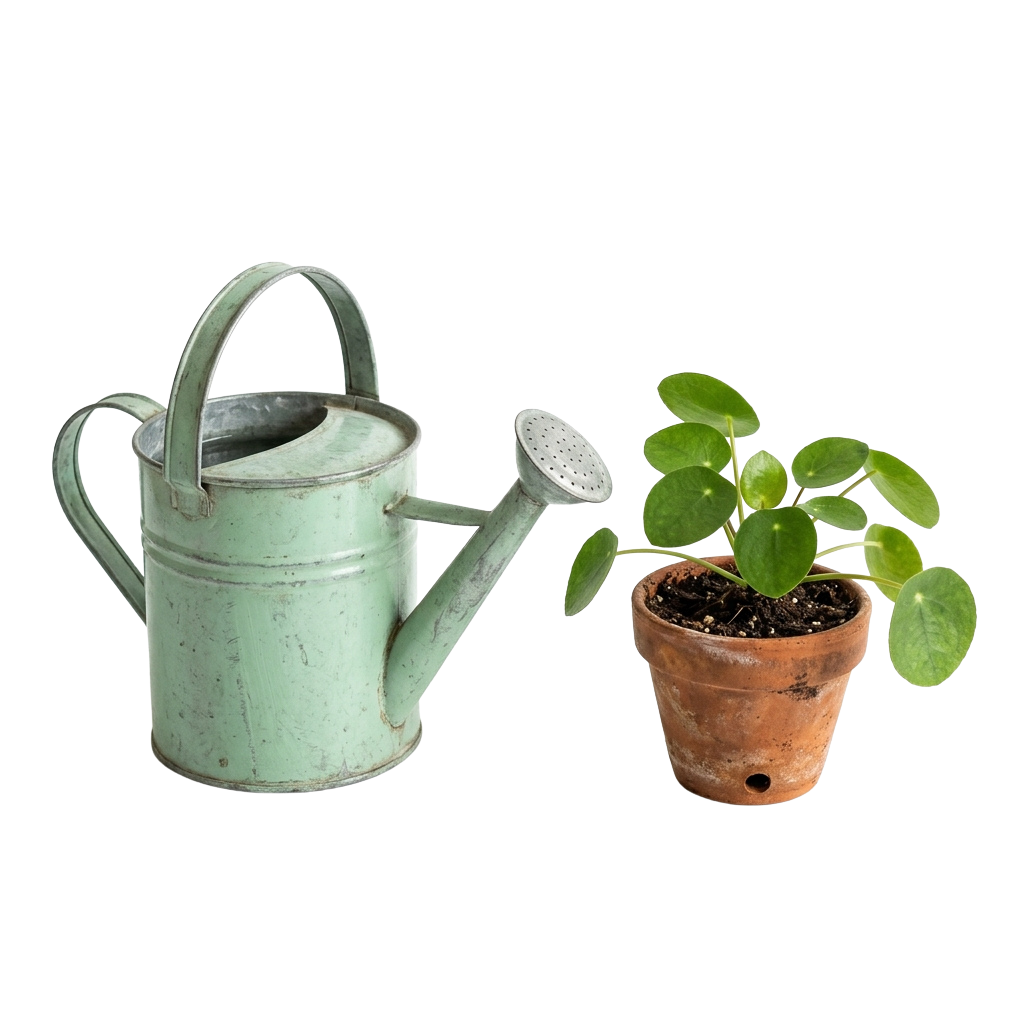 A green watering can next to a small potted plant with green leaves in a terracotta pot