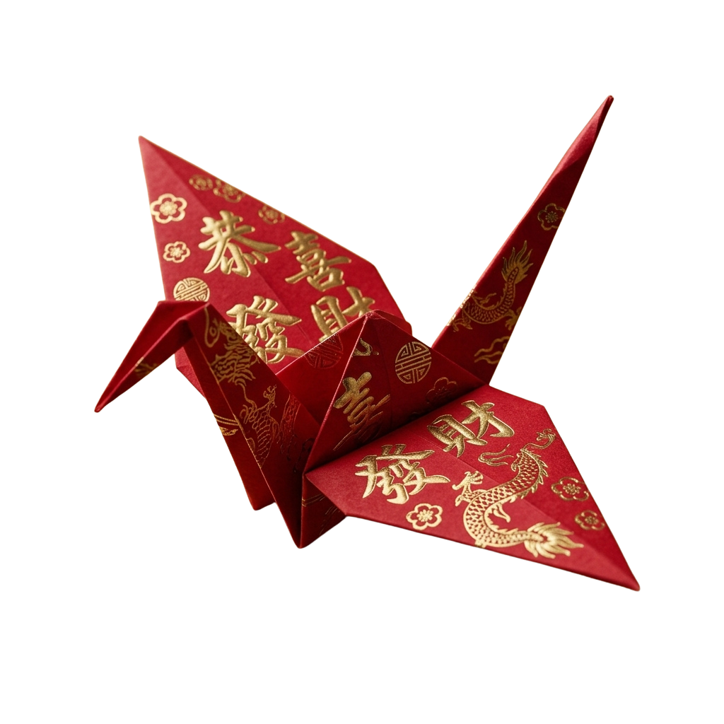 Red origami paper crane with gold Chinese characters and symbols