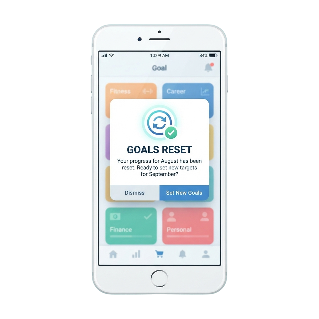 Smartphone screen showing a goals reset prompt for a productivity app with categories like fitness, career, finance, and personal.