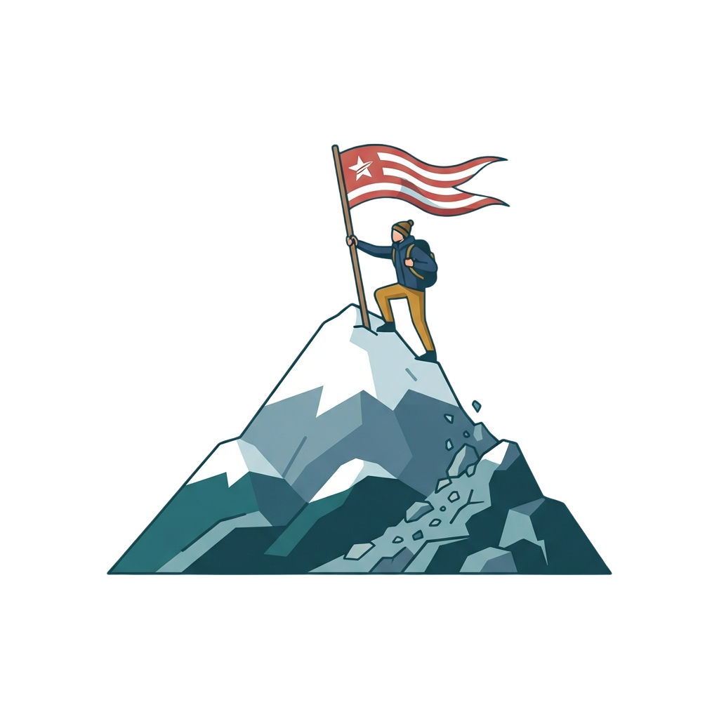 Person standing on top of a mountain holding a flag with a star