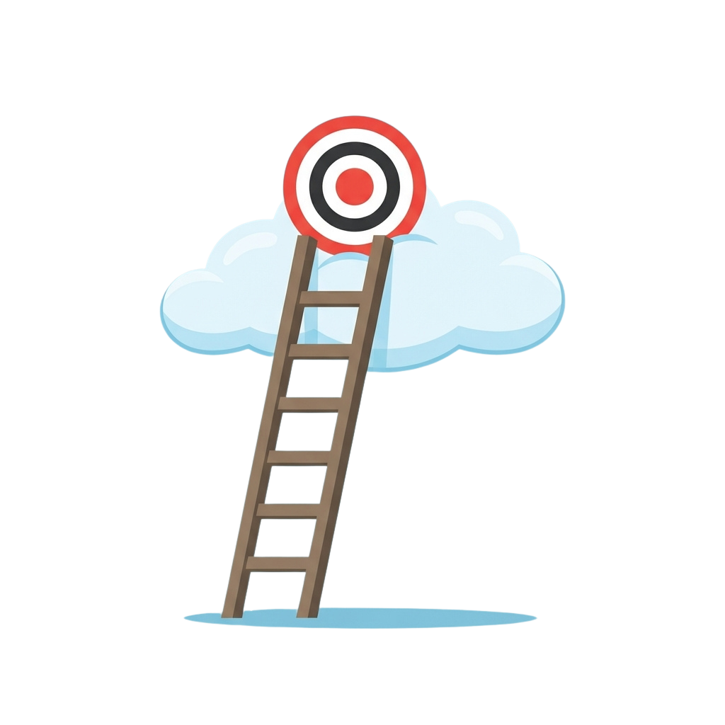 A wooden ladder leading up into a cloud with a target symbol at the top