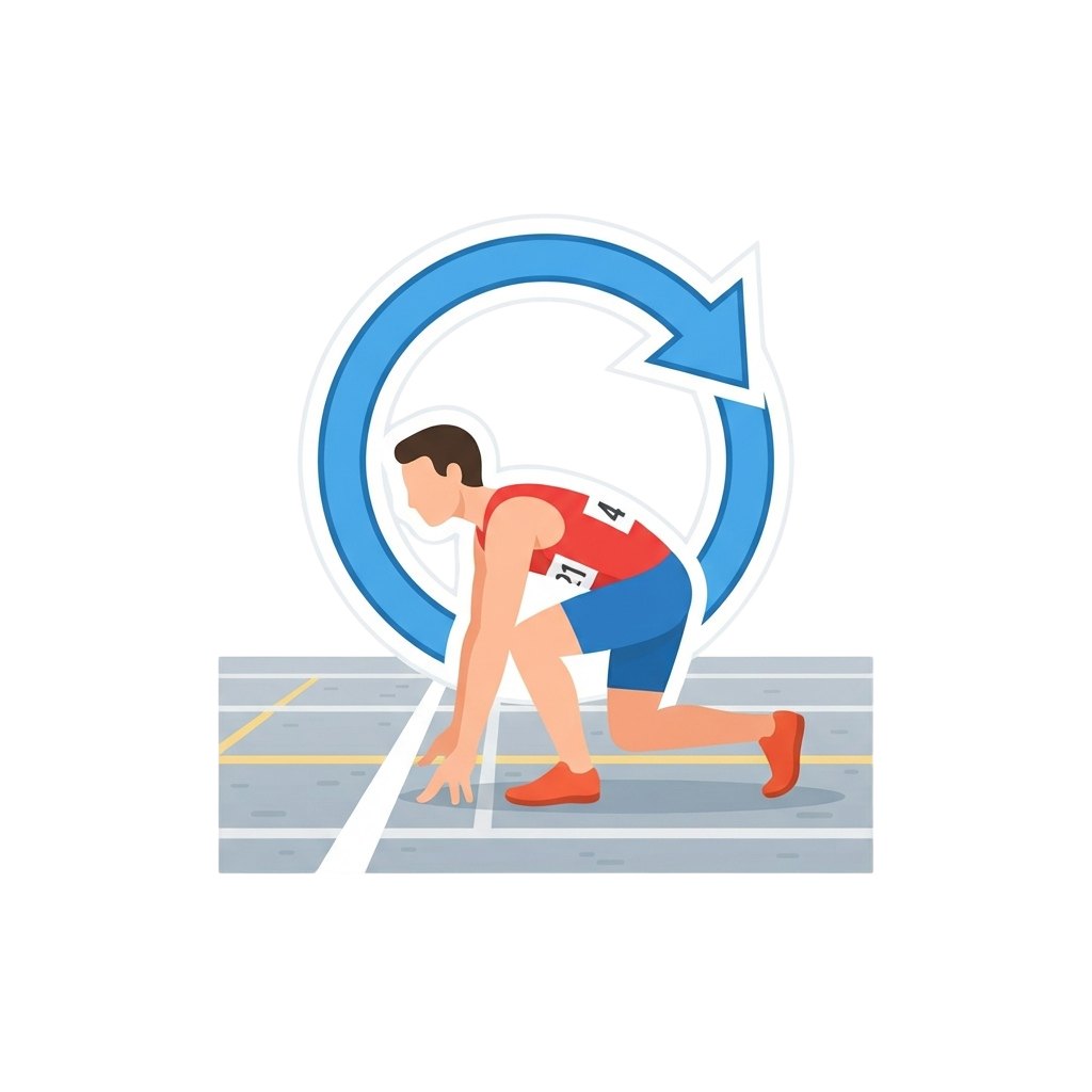 Runner bending forward at finish line with circular arrow symbol indicating continuous motion or cycle
