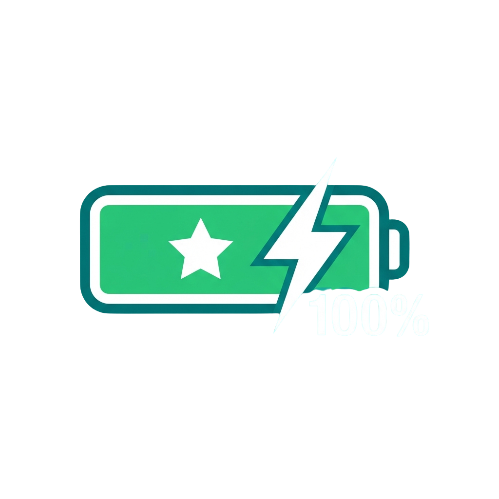 A fully charged battery icon showing 100 percent power with a star and lightning bolt symbol