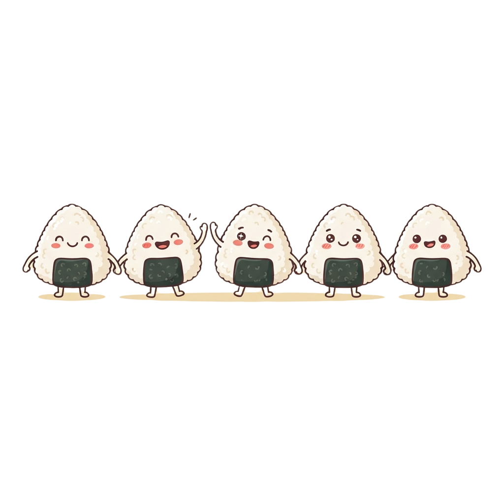 Five smiling onigiri rice balls standing in a row, each holding a small laptop
