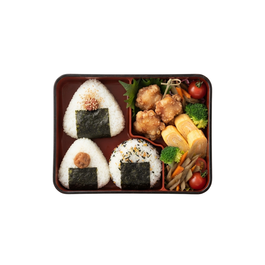 A bento box containing three sushi rice balls with nori, fried chicken pieces, and assorted vegetables.