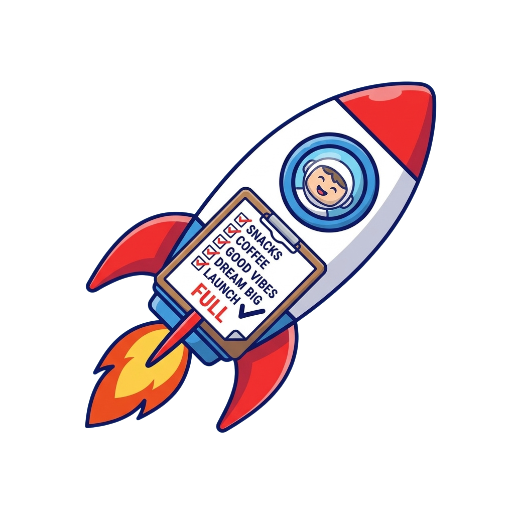 A cartoon rocket with a checklist including snacks, coffee, good vibes, dream big, and launch full