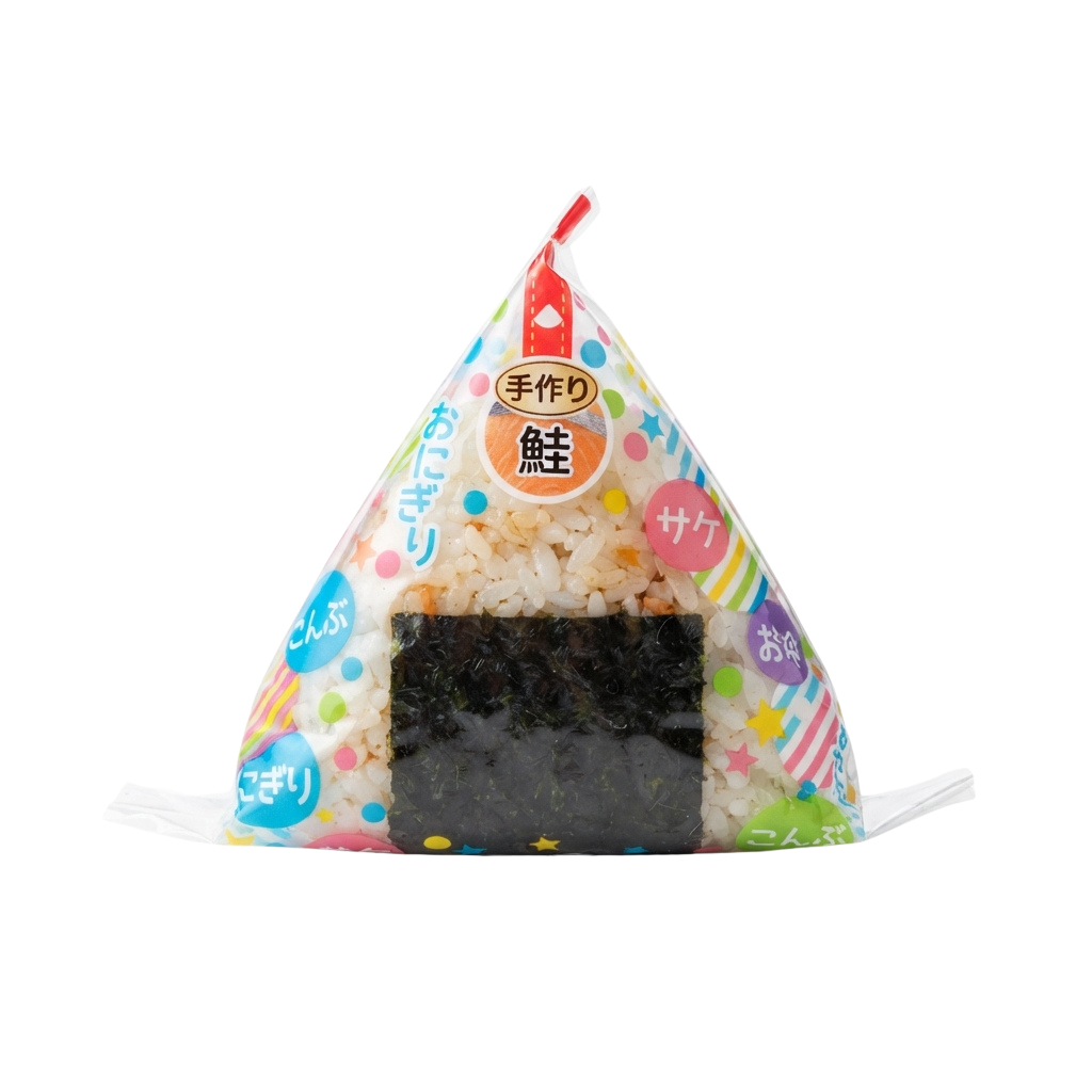 Triangular onigiri rice snack wrapped in nori seaweed inside colorful, festive packaging with a small candle on top