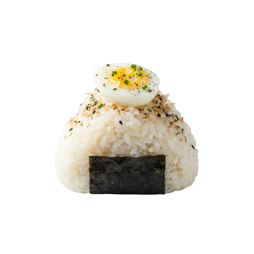 An onigiri rice ball wrapped in nori seaweed with a halved hard-boiled egg on top garnished with herbs and spices