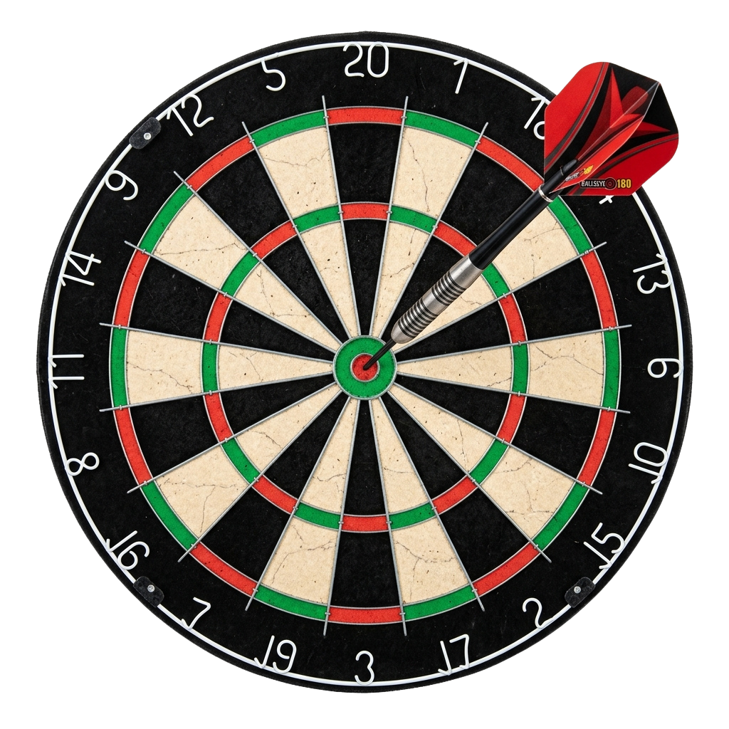 A dartboard showing a red dart aimed at the bullseye area with scoring segments numbered 1 to 20