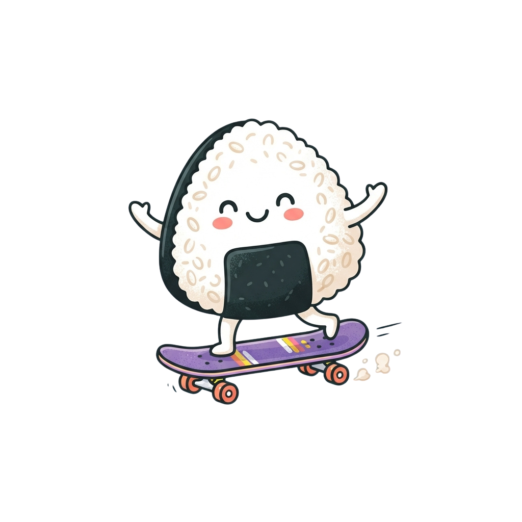 A cheerful cartoon dumpling standing on a skateboard holding a laptop, waving one arm