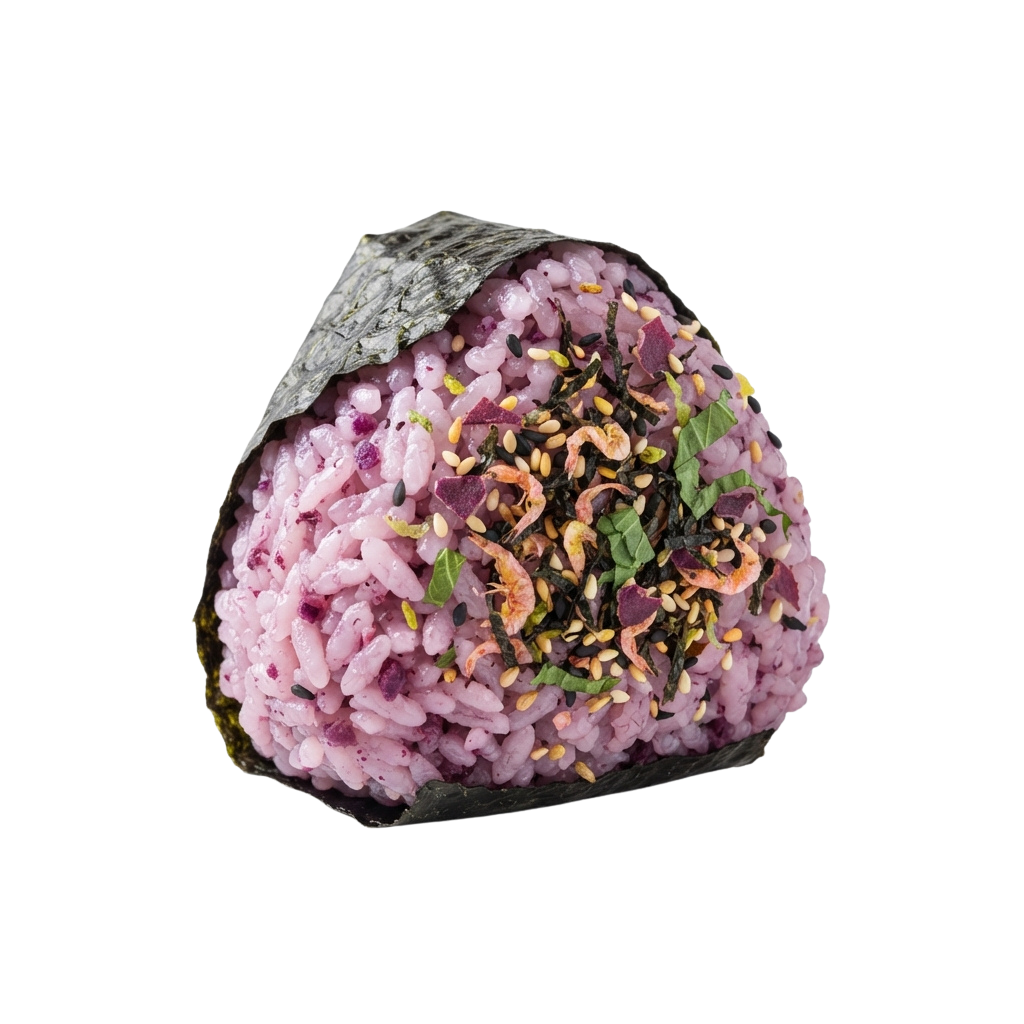 A close-up of a rice salad ball wrapped in dark green seaweed, filled with pink rice, seeds, and chopped veggies