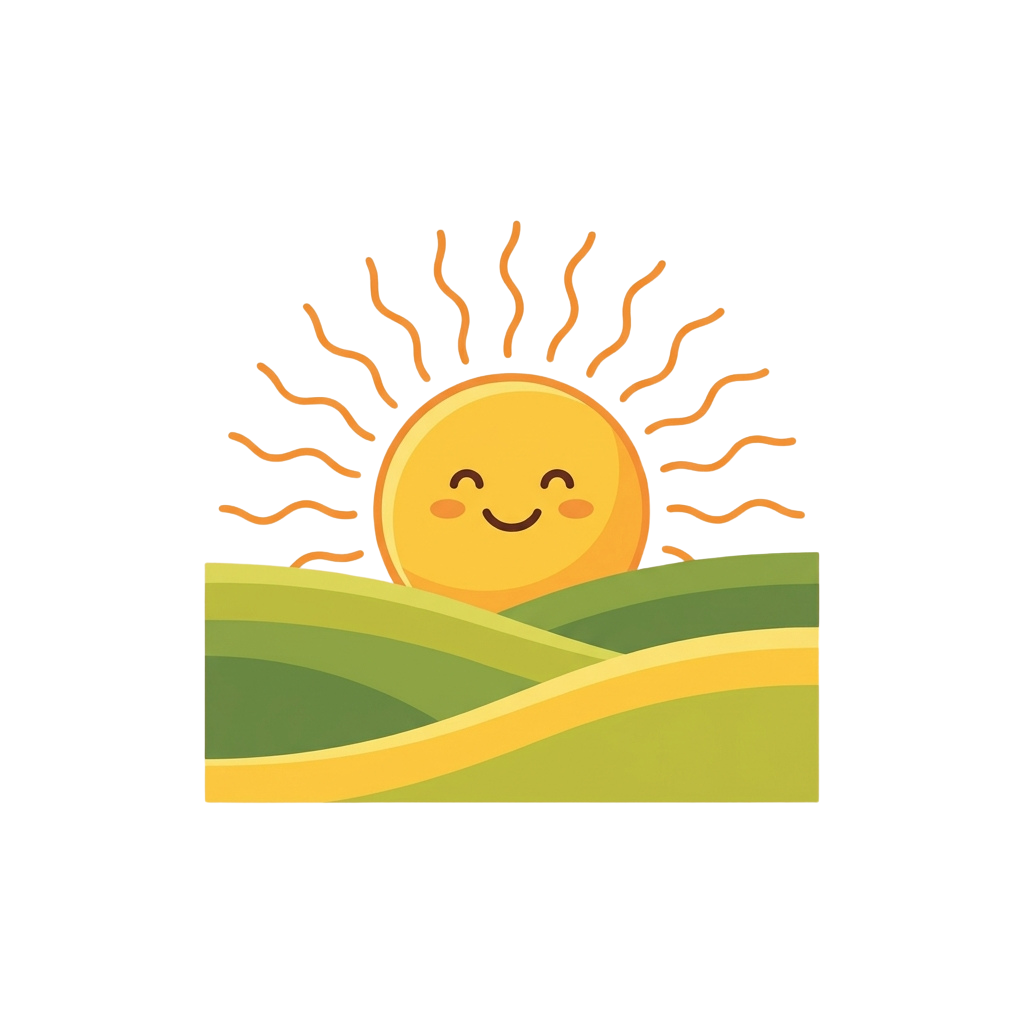 A smiling sun with rays rising above green rolling hills at sunrise