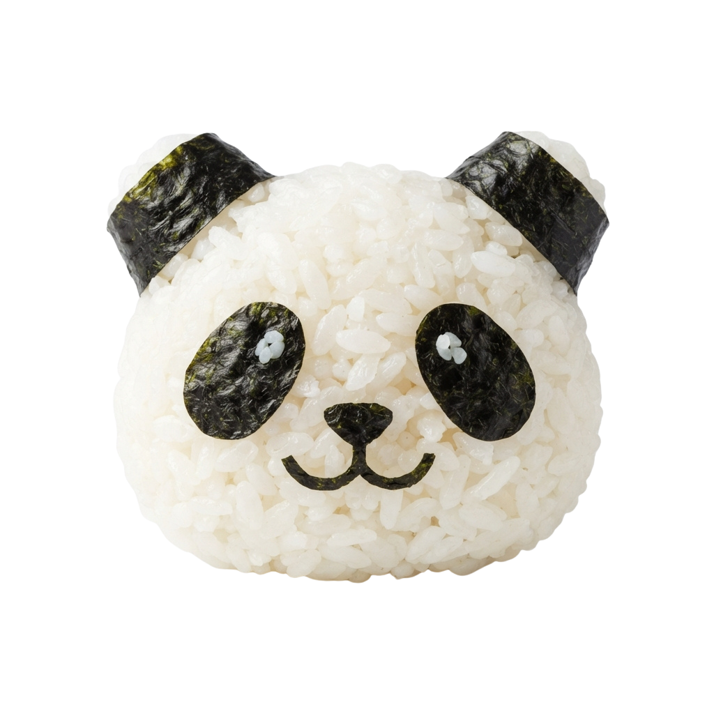 Adorable panda-shaped rice ball decorated with black seaweed for ears and eyes, smiling face