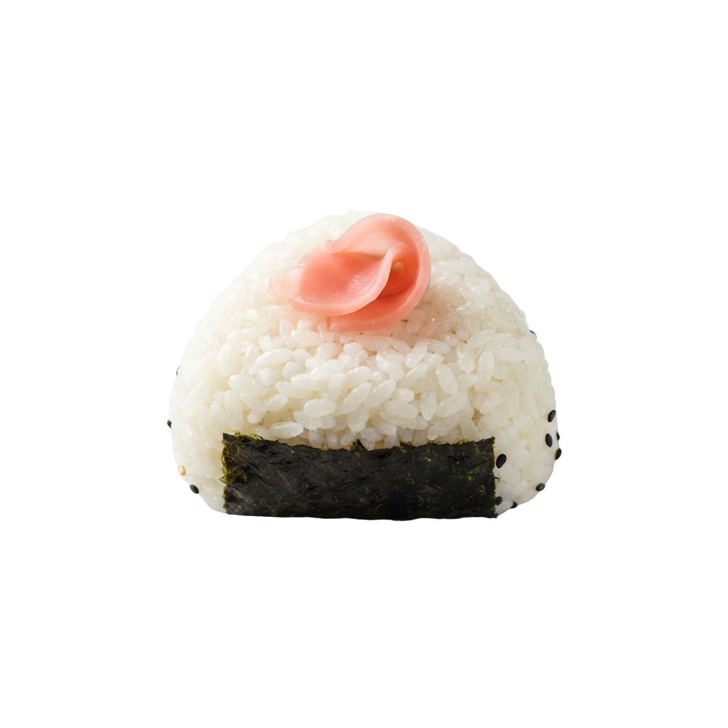 A triangular sushi rice ball wrapped in black seaweed with a slice of pink salmon on top