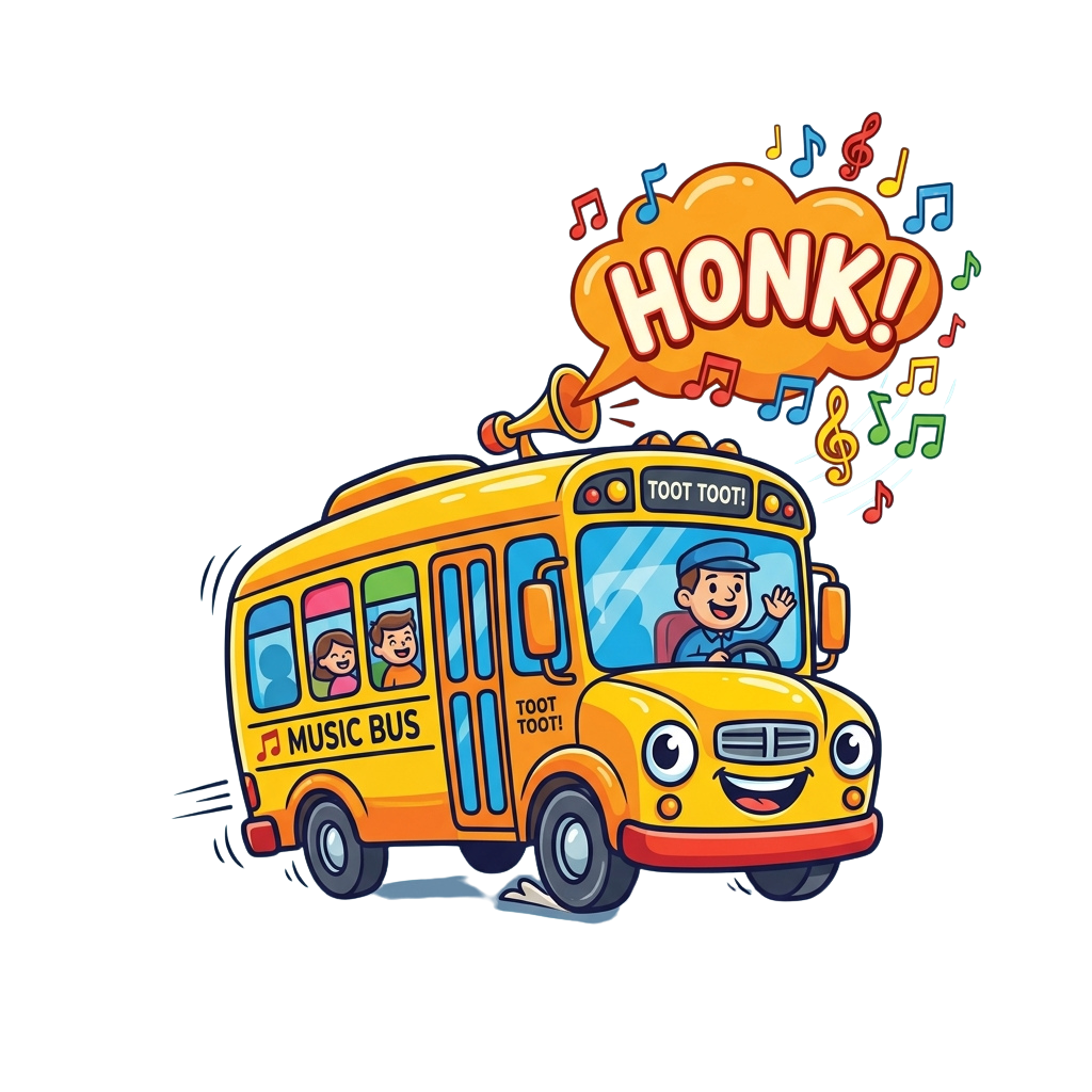 A cheerful cartoon school bus labeled Music Bus honking with musical notes and a speech bubble saying HONK
