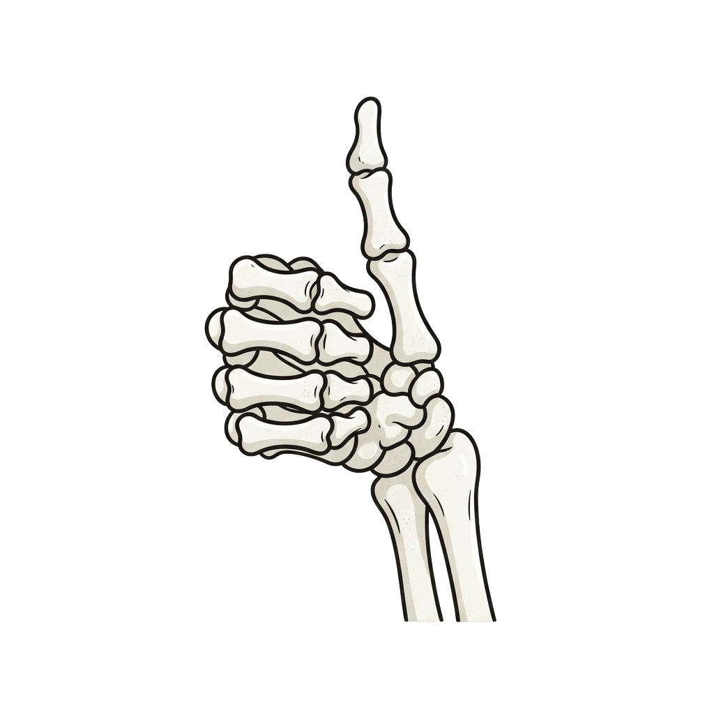 A white anatomical diagram of a human hand skeleton making a thumbs-up gesture against a black background